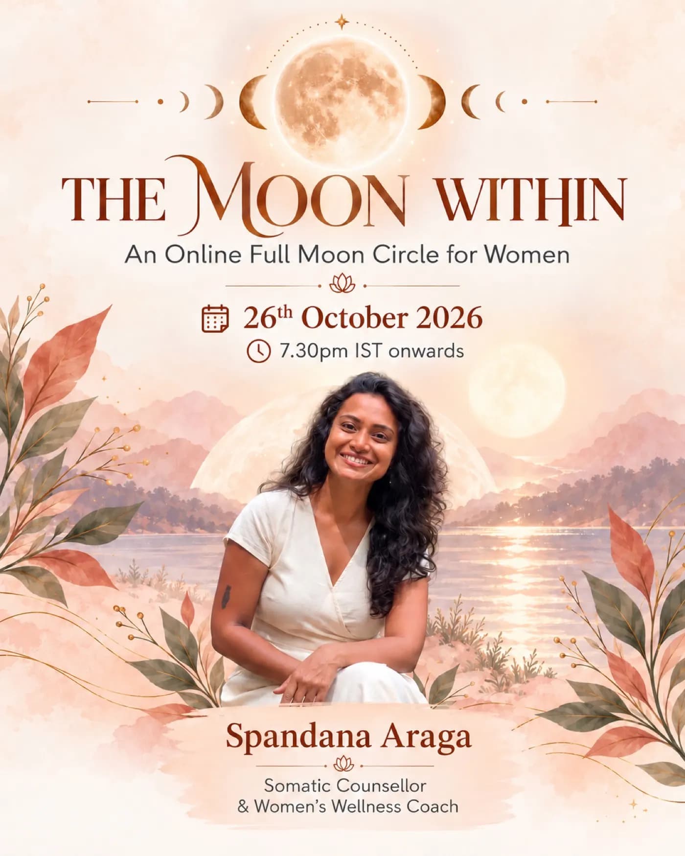 Woman sitting by moonlit water, hosting The Moon Within circle
